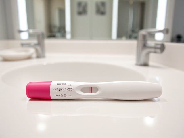 Positive pregnancy test, laying flat on a white surfaced counter, silver sink, and mirrors