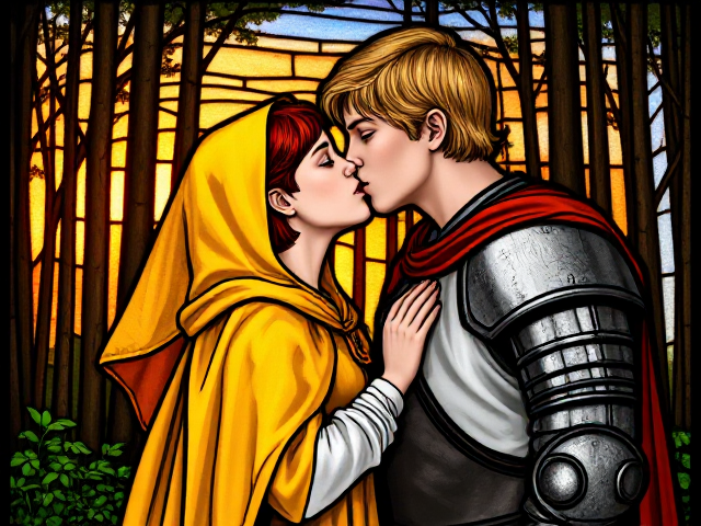 Medieval stained glass of a red headed teen girl wearing a bright yellow cloak and white tunic with an orange veil kissing a blonde male knight in the forest at sunset.