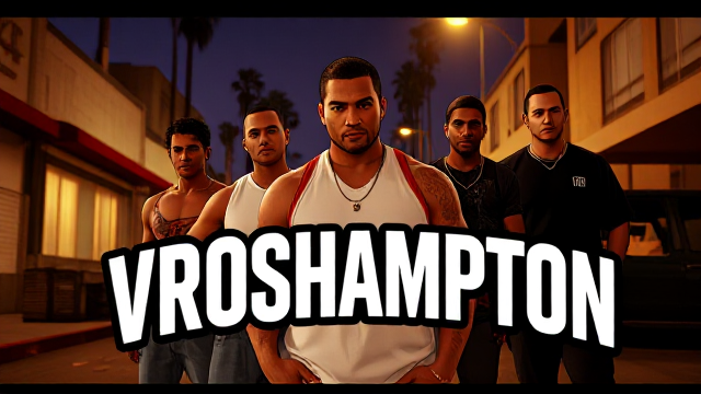 Design a poster inspired by the iconic GTA San Andreas loading screen style, replacing the title with 'VROSHAMPTON' in the exact GTA San Andreas font. The poster should reflect the same bold, comic-style visuals and include five characters similar to those seen in GTA San Andreas. Keep the characters subtle and slightly blurred in the background, while the focus remains on the text 'VROSHAMPTON.' Add soft film grain and cinematic lighting for realism, resembling the quality of a Panavision Panaflex camera from 80s movies. The backdrop should evoke a Los Santos (Los Angeles) urban street vibe, ensuring the design captures the essence of a GTA San Andreas poster.