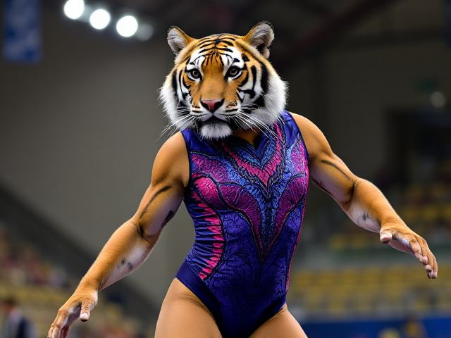Tiger wearing a vibrant gymnastics leotard, sleek and elegant design, dynamic pose, detailed fur texture, bright lighting, gymnastic arena background