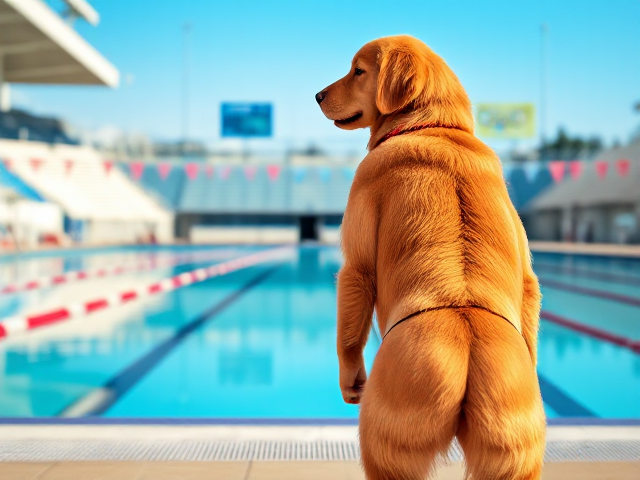 Anthropomorphic golden retriever with pronounced hips, wearing a stylish swimsuit, standing confidently by an Olympic swimming pool, ultra-detailed and vibrant colors, realistic lighting and reflections