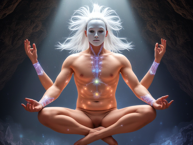 Homme torse nu en lévitation, porte un masque blanc sans visage, cheveux blancs et longs flottant autour de lui, lumières vibrantes courant le long de tout les méridiens chinois sur un corps, y compris les bras et la tête, iridescent et légèrement translucide révélant un réseau complexe de lumière intérieure. Il est assis en position du lotus dans une ambiance mystique et lumineuse, mettant en avant l'énergie vitale et la spiritualité. Environnement d'une grotte remplie de cristaux scintillants en arrière-plan, avec une douce brume accentuant l'atmosphère spirituelle. Détails raffinés des muscles illustrant l'harmonie entre le physique et le spirituel