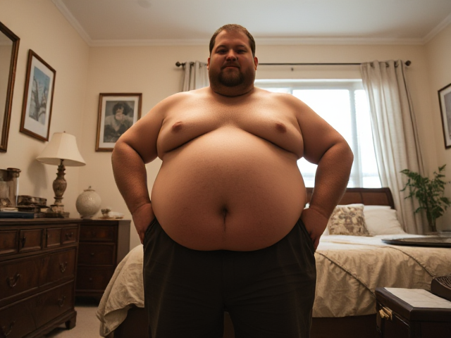 Large, overweight man standing confidently in a cozy bedroom, soft lighting, detailed surroundings, holding his belly, realistic proportions