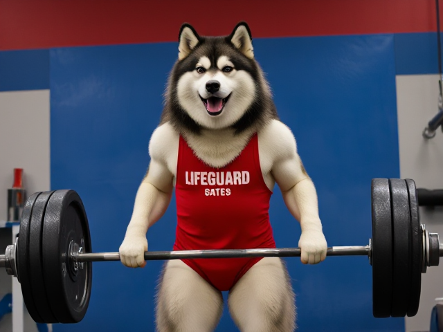 A anthropomorphic alaskan malamute wearing a red lifeguard one piece swimsuit deadlifting a barbell