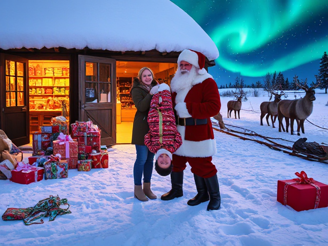Imagine an outdoor scene at the North Pole, right outside Santa's glowing workshop. The workshop's rustic wooden doors are open, revealing shelves of colorful toys, scattered ribbons, and bows glowing warmly under golden light. Outside, in the snowy foreground, there’s a cheerful chaos of gift preparation — stacks of wrapped presents, a sack of toys spilling out onto the snow, and elves hard at work.

The family stands center stage: the mom and dad joyfully holding their child upside-down, with the kid giggling in excitement. The child’s playful posture adds a touch of humor and family bonding. Santa, dressed in his iconic red suit with fluffy white trim, is right beside them, holding a giant, sparkling gift or checking a long scroll of the "Nice List." Around Santa’s feet, there are more gifts, toy parts, and snow-dusted tools, giving the sense that he's just stepped out of the workshop.

Behind them, the sky glows with a magical aurora borealis, and reindeer with jingling bells roam in the distance, pulling a half-packed sleigh. The snow sparkles under the northern lights, emphasizing the whimsical and magical energy of the scene.