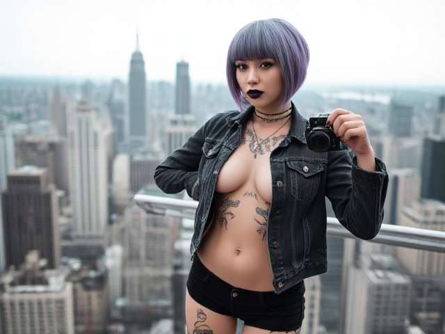 Young nymph Goth girl, 25 years, dark makeup, black lipstick, purple silver short hair with bangs, camera in hand, ripped open black grey denim jacket, shorts, neck to belly tattoo, arm and leg tattoos, top of penthouse apartment, capturing picture of metropolitan city,4K
