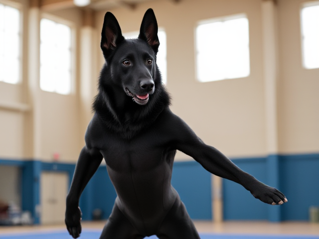 Anthropomorphic black German shepherd with broad shoulders, wearing a gymnastics leotard, inside a gymnasium, dynamic pose