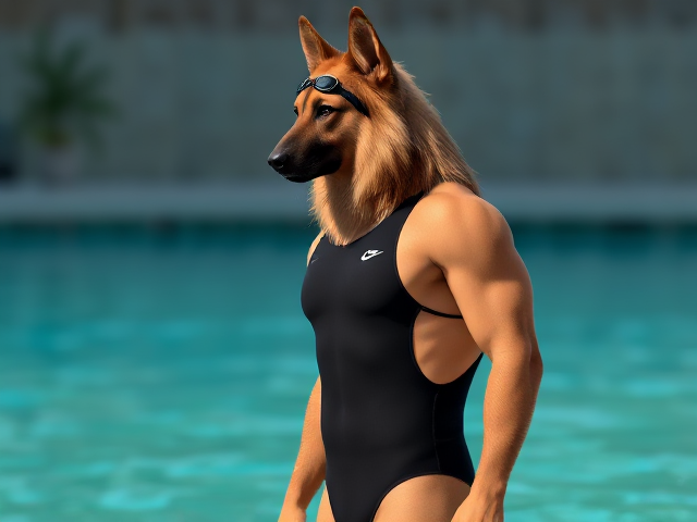 A tall and lean anthropomorphic long haired German shepherd with a long torso and broad shoulders wearing a high cut Nike one piece swimsuit and swimming goggles