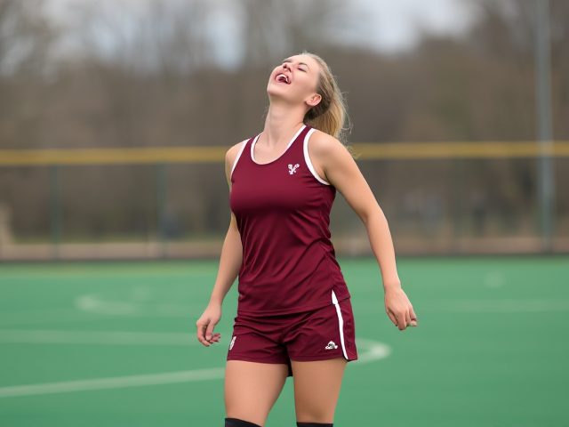 Beautiful fifty-something blonde field hockey woman in a burgundy uniform with well defined legs and knee pads, throwing her head back, and laughing hysterically again and again and again and again