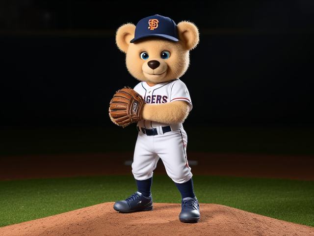 An athletic human teddy bear light coconut creme colored fur blue eyes wearing a tigers uniform navy hat with a tiger logo white jersey white baseball pants with navy orange piping down the sides navy socks navy cleats smiling wearing a navy baseball glove on his left hand standing on a pitchers mound
