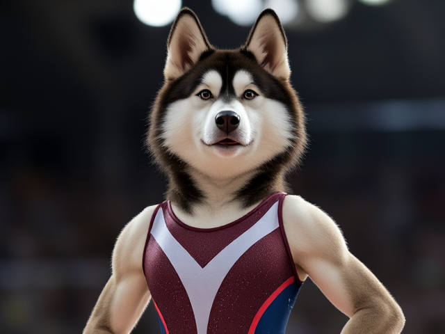 A anthropomorphic Alaskan malamute Olympic gymnast wearing a leotard