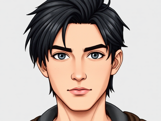 Generate an image/portrait of a fantasyhunter.  He is a human, 25 years old, has middle lenght, black, bit greasy slicked back hair and grey eyes. Slightly oval face. His is clean shaven. Make the image in color.