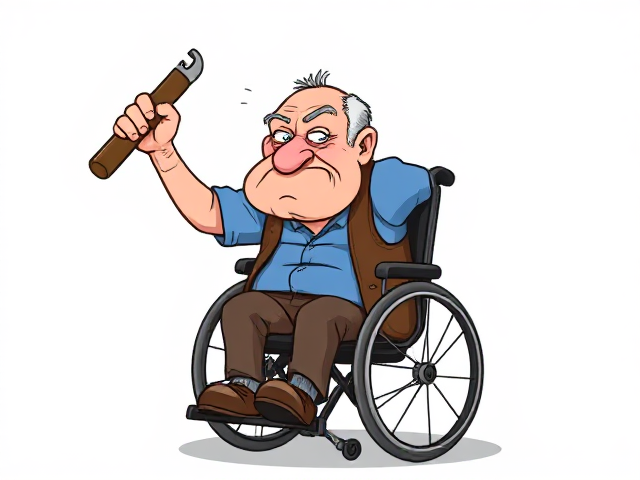 Draw a cartoon of an old grumpy man in a wheelchair throwing a spanner. He has brown and a blue shirt.