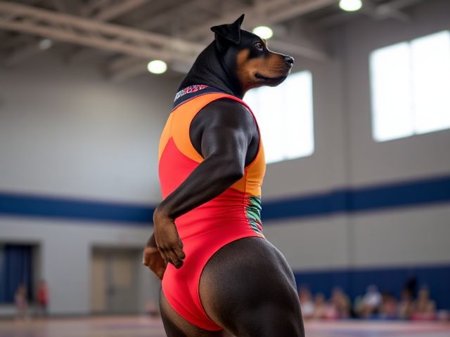 Anthropomorphic Rottweiler wearing a vibrant, colorful gymnastics leotard, highlighting strong and muscular hips, set in a lively gymnasium with bright lighting and energetic atmosphere