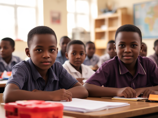 Des élèves africains  âgés de huit ans assis dans une salle de classe lumineuse, concentrés sur un devoir, avec des bureaux et du matériel scolaire visible autour d'eux, lumière naturelle entrant par les fenêtres