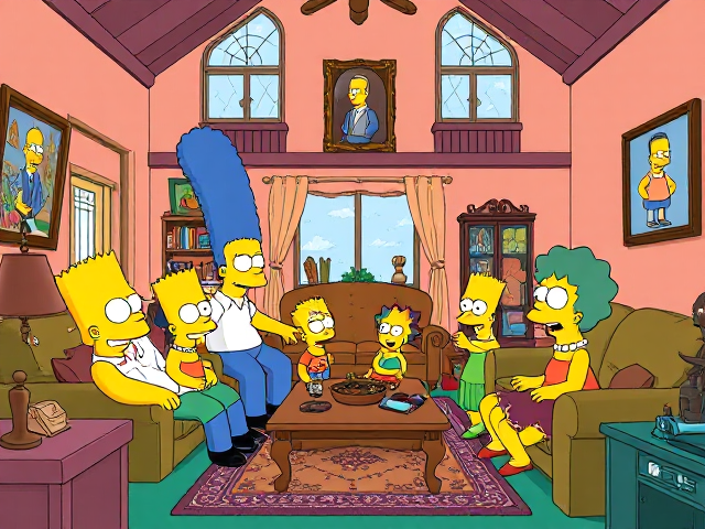 Les Simpson, style cartoon, famille réunie dans le salon de leur maison emblématique, ambiance joyeuse et colorée, détails riches, mobilier rétro, portraits des personnages classiques sur les murs, lumière vive traversant les fenêtres, expressions animées et dynamiques