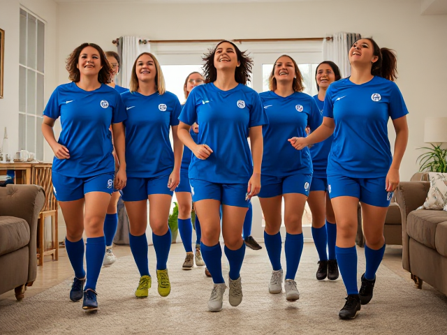 women’s soccer team (where every member is in their 40s) wearing blue uniforms and blue knee high socks walks around inside suburban home, laughing hysterically and uncontrollably again and again, and throwing back their heads with laughter