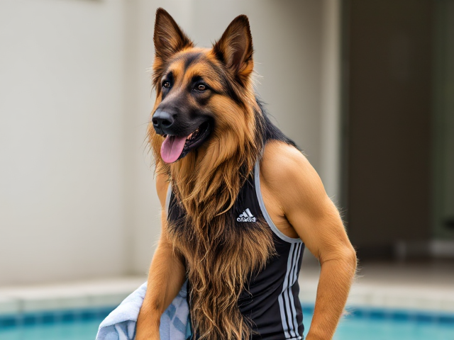 A tall anthropomorphic long haired german shepherd wearing an adidas swimsuit drying off with a towel