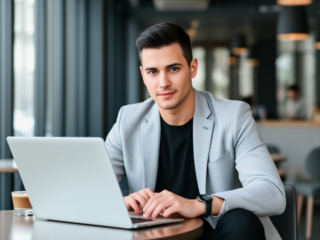 A handsome man in his late 20s is sitting at a sleek, urban café, typing on a laptop. His neatly trimmed, jet-black hair contrasts with his bright, piercing blue eyes that focus on the viewer. He’s wearing a light gray blazer over a black t-shirt, paired with slim-fit black pants. His jawline is sharp, and a hint of a smile plays on his lips as he glances up from the screen. The modern, minimalist décor of the café enhances his trendy, professional look as he sips an espresso beside his laptop.