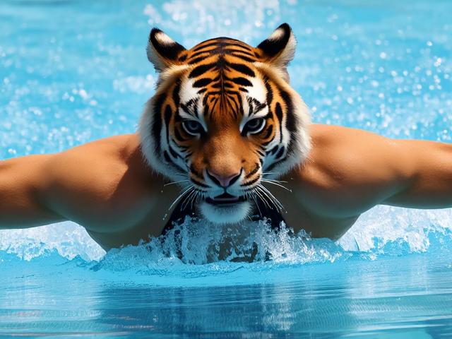 A tiger Olympic swimmer wearing a one piece swimsuit doing the butterfly stroke