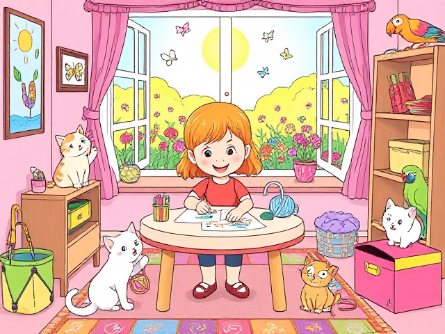 Design a captivating cover for a toddler's coloring book that features a cozy, colorful room filled with delightful elements. In the center, a cheerful cartoon girl with bright hair is happily coloring at a small table covered with crayons and colorful drawings. Surround her with playful kittens of various colors—one climbing on the table, another playing with a ball of yarn, and a third peeking out from a colorful toy box. The walls of the room should be adorned with whimsical artwork and cheerful posters, while a large window reveals a sunny, vibrant garden outside, filled with flowers and butterflies. Add fun elements like a playful puppy wagging its tail near the girl's feet and a friendly parrot perched on a shelf, creating an inviting and joyful atmosphere. The overall design should be bursting with colors and playful characters, enticing young children to engage their creativity while making parents eager to bring this enchanting book home.