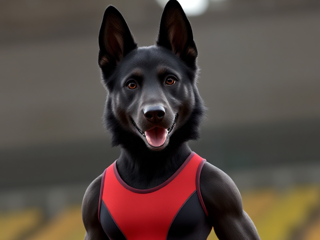 A anthropomorphic black German shepherd Olympic gymnast wearing a leotard