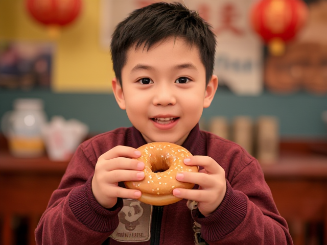 A Chinese cute and roly poly boy in 6 age that he eats donuts