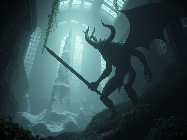 Epic demon with sword in hand conjuring icebergs foggy