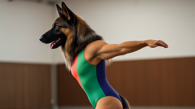 Anthropomorphic Long-Haired German Shepherd wearing a vibrant gymnastics leotard, posing dynamically in a gym setting, detailed fur texture and realistic lighting