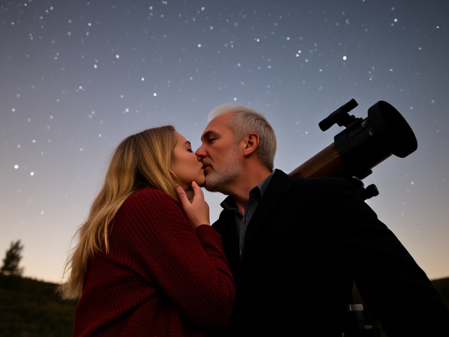 Show an image of a blonde 40 year old woman kissing a taller man beside a telescope with stars overhead. The man is 60 and has no beard