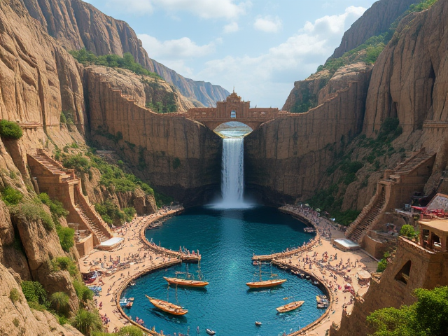 La Cité des Elfes : Une Merveille 
La cité des elfes, connue sous le nom de Xal'atun, était une merveille architecturale qui alliait beauté naturelle et prouesse technique. Perchée sur trois niveaux, la capitale était un exploit d'harmonie entre l'architecture et la nature, construite au bord d'une immense rivière qui se divisait en deux, créant une séparation majestueuse dans la montagne.

Un Palais Royal Sculpté dans la Roche
Au centre de cette cité se dressait le Palais Royal, une structure impressionnante sculptée directement dans la roche. Les murs de ce palais brillaient sous les rayons du soleil, ornés de motifs complexes représentant des scènes de la mythologie elfique et des histoires de héros anciens. Des escaliers monumentaux, s'élevant majestueusement à droite et à gauche, menaient aux niveaux inférieur de la cité, reliant les différentes couches d'habitations, de jardins suspendus et de sanctuaires.

La chute d'eau, qui tombait du sommet de la montagne, créait un spectacle féerique. L'eau scintillante tombait d'un étage à l'autre, se déversant dans un grand lac qui se trouvait en dessous. Ce lac, d'un bleu profond, était un lieu de sérénité, où les elfes venaient méditer et se ressourcer. L'humidité et la fraîcheur de l'eau apportaient une vie luxuriante tout autour, avec des plantes et des fleurs exotiques qui prospéraient dans cette atmosphère.

Le Grand Marché de Xal'atun
Autour du lac, se trouvait la plus grande place commerciale de la cité, animée par les cris des marchands et le bruit des visiteurs. Ce marché grouillant était un centre d'échanges où les elfes vendaient des produits artisanaux, des tissus colorés, des poteries délicates et des bijoux en pierres précieuses. Les senteurs des épices et des herbes se mêlaient à l'air, créant une ambiance vibrante et chaleureuse.

Les étals étaient disposés en cercles autour du lac, permettant aux habitants de profiter de la vue sur la cascade tout en se mêlant aux affaires. Les vendeurs appelaient les passants, offrant des échantillons de mets délicieux et des boissons rafraîchissantes à base de fruits locaux.

Le Port Maritime
En contrebas, à la base de la chute d'eau, s'étendait un port maritime animé, où la grande rivière rencontrait l'océan. Les elfes avaient construit des quais en bois et en pierre, permettant aux navires de commerce d'accoster et de décharger leurs cargaisons. Les bateaux ornés de voiles colorées naviguaient entre les rives, transportant des marchandises entre la cité et d'autres régions lointaines.

Le port était également un lieu de rencontre pour les voyageurs, les marins et les aventuriers, qui apportaient des histoires de leurs périples et des nouvelles des terres lointaines. Les rives étaient bordées de restaurants et de tavernes où l'on pouvait déguster des plats à base de fruits de mer fraîchement pêchés, tout en profitant de la beauté du paysage.