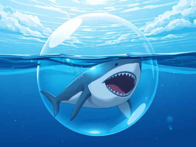 Crée une image d'un bébé megalodon dans une bulle d'eau au dessus du sol