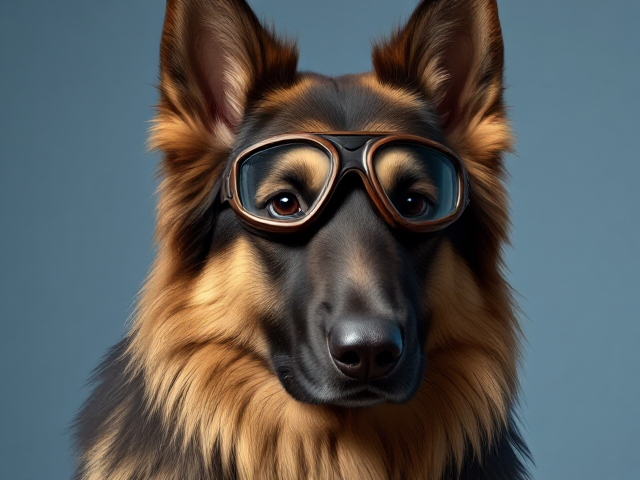 A long haired German shepherd wearing diving goggles