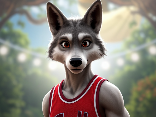 A tall and lean anthropomorphic gray wolf basketball player