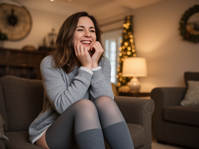 attractive brunette in grey wool stockings laughs hysterically inside a suburban home