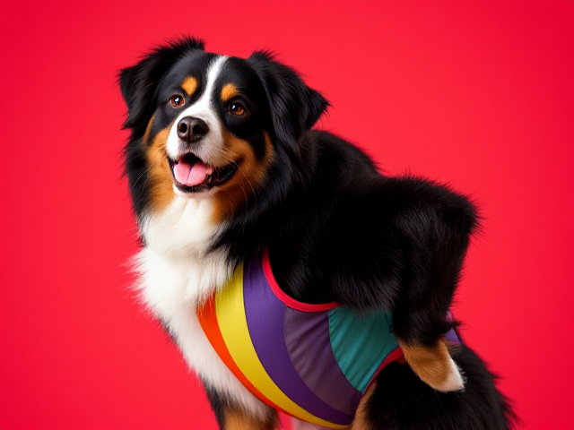 Bernese mountain dog with strong hips, wearing a colorful gymnastics leotard, in an athletic pose, vibrant background