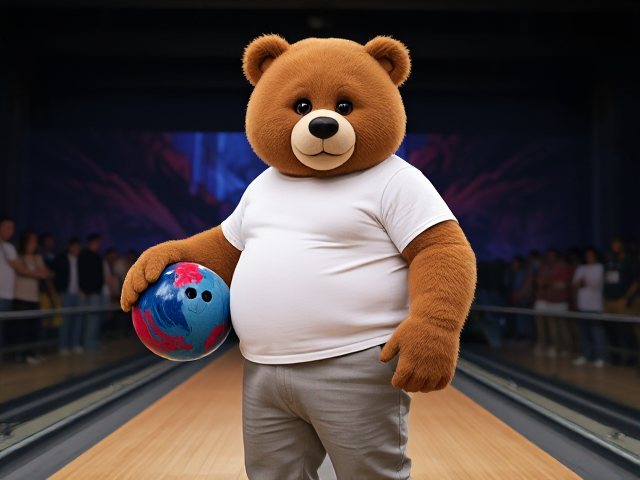 A big stocky human teddy bear wearing a white t shirt light grey pants holding a blue and red pro reactive bowling ball in his right hand standing at the approach with fans watching him