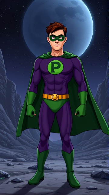 Dramatic Comic Book Cartoon scene: A young, Autistic 25-year old boy with light skin and flat, smooth, and slick brown hair named T.J. Granger, but transformed into a genetically-altered superhero named Powerman, who, despite still being a young adult kid, has an extremely muscular body. He wears a sleek purple suit with a green P symbol on his chest, a gold belt with a circular buckle, green briefs, green boots, green long-cuffed gloves, a really big, toe-length long, ultra-wide green cape wreathed around his neck, and a green eye mask that protects his true identity. He also has incredible and invincible superpowers flowing through his veins. In this scene, Powerman is currently standing in a dark valley on a mysterious alien planet in outer space that needs his help, ready to begin his investigation.