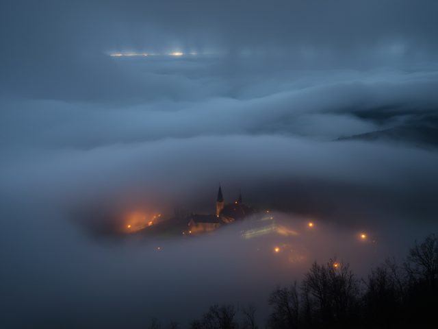 a village in clouds with lights coming from under the fog 19th century
