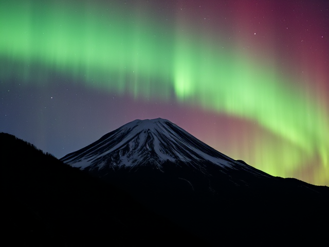 Japanese Mountain with the night sky filled with Aurora borealis with the colour palette of black, white, and green and a red