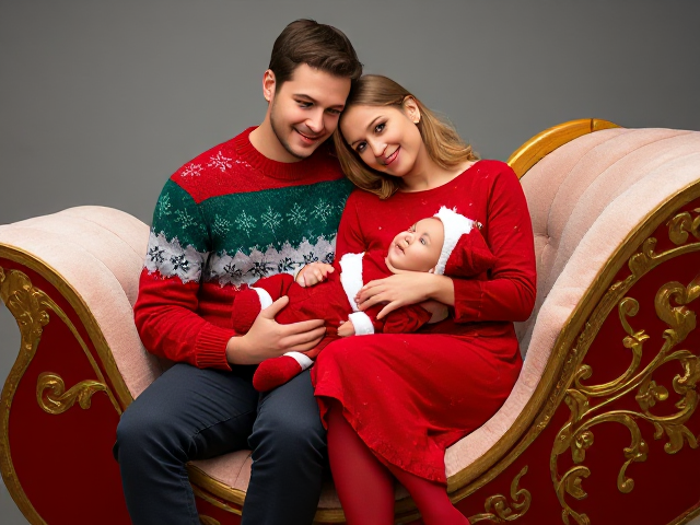 A realistic family scene featuring a young couple and their baby sitting on a beautifully crafted Santa’s sleigh. The man is seated slightly at an angle, his head gently tilted to the side, with a warm and loving expression. The woman is sitting close to him, leaning her head softly on his shoulder, exuding affection and comfort. The baby is lying across both their laps, nestled securely as the parents lovingly hold the baby together.

The man is dressed in a festive red and green Christmas sweater paired with cozy winter pants, while the woman wears an elegant, warm red dress with subtle snowflake patterns and tights. The baby is in an adorable Santa Claus outfit, complete with a matching hat and tiny booties. The sleigh is detailed with intricate golden patterns, giving it a magical and festive feel. The scene captures the warmth, love, and joy of the holiday season with a focus on photorealistic details and cozy, heartfelt poses.