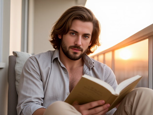 A tall, attractive man in his early 40s is lounging on a balcony, reading a book while the sun sets behind him. His wavy, shoulder-length brown hair catches the last rays of sunlight, and his beard is neatly trimmed. He’s dressed in a relaxed, open-collar linen shirt and beige chinos. His green eyes peek over the book, meeting the viewer’s gaze with a soft, contemplative expression. The warm colors of the setting sun create a serene, peaceful mood as the man enjoys a quiet moment on the balcony.