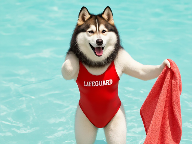 A anthropomorphic alaskan malamute  wearing a red lifeguard one piece swimsuit drying off with a towel