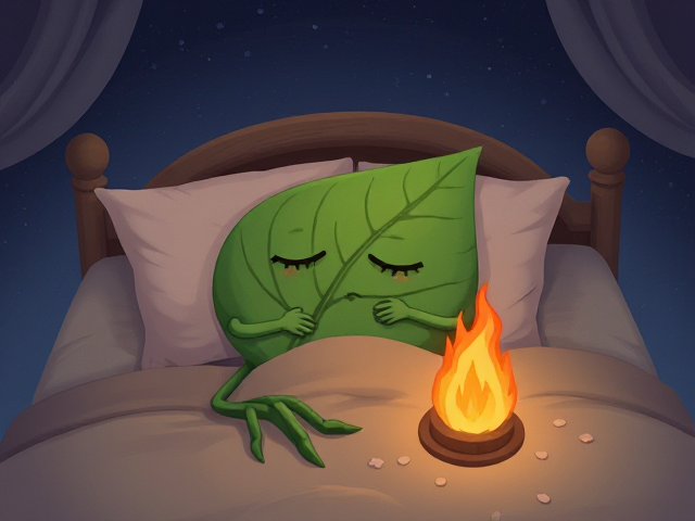 Leaf with two arms and two legs sleeping in a bed with a fire with two legs and two arms