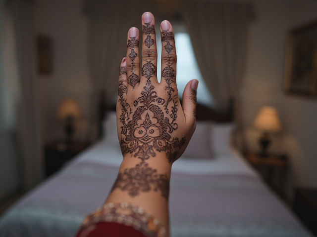 Henna on an Indian woman's hand, background bedroom