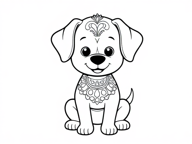 Create a simple black-and-white coloring page featuring a cute little dog designed in a sketch style. The dog should be illustrated as a full-body outline in a mandala style, ensuring it appears playful and approachable for young children aged 2 to 4. Design the dog with basic,friendly features, emphasizing a round body incorporating . Include a friendly expression to enhance its inviting character.