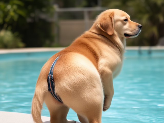 A Anthropomorphic golden retriever wearing a tight-fitting swimsuit that emphasizes her large hips