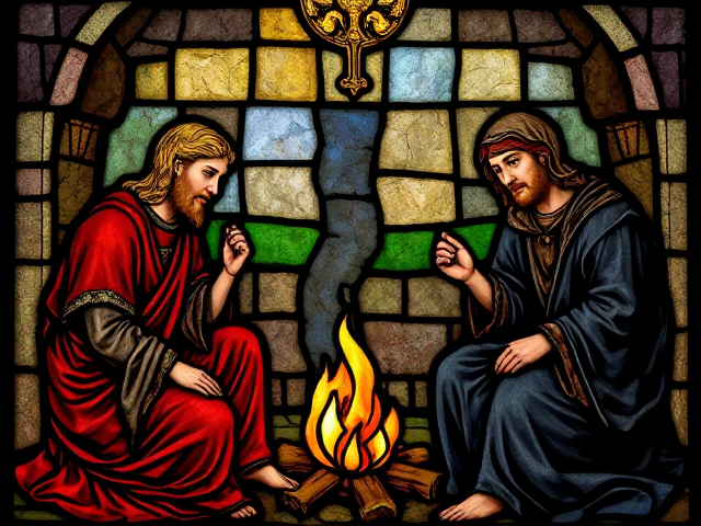 A medieval stained glass of a Pictish blonde boy sitting by a fire with his tribal parents