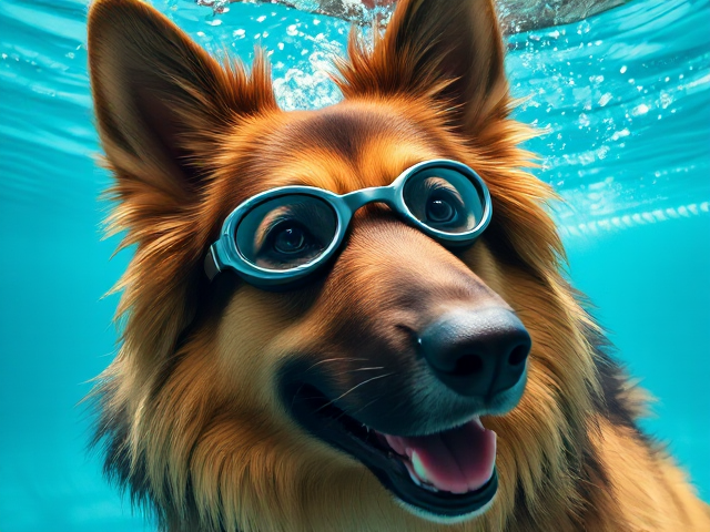 A long-haired German Shepherd wearing swimming goggles underwater