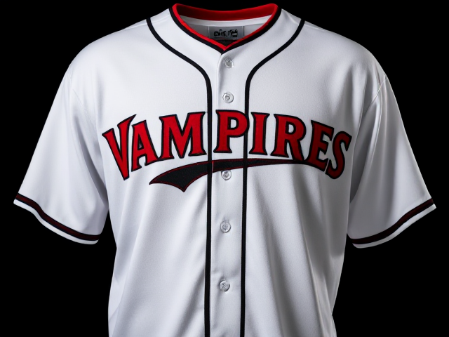 A white pro baseball jersey with vampires written across the front in red and black with black and red piping around the neck and cuffs of the jersey